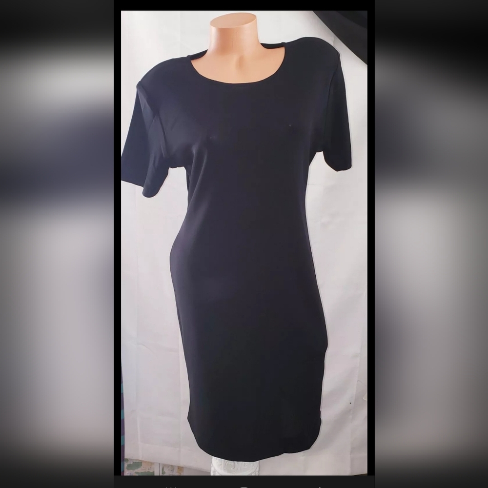 Vintage Exclusively Misook Knit Stretchy Black Shift Business Work Dress Sz S/M